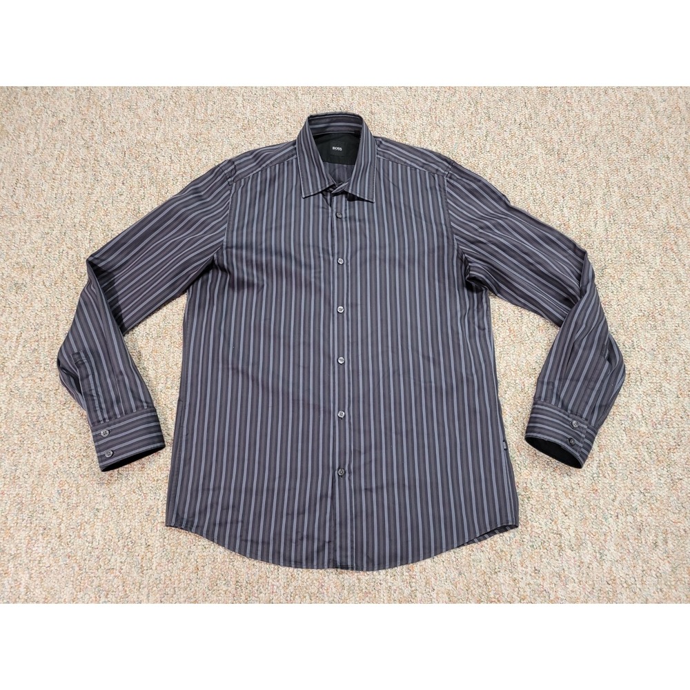 Hugo Boss Shirt Mens Large Black Gray Stripe Cotton Regular Fit Button Up